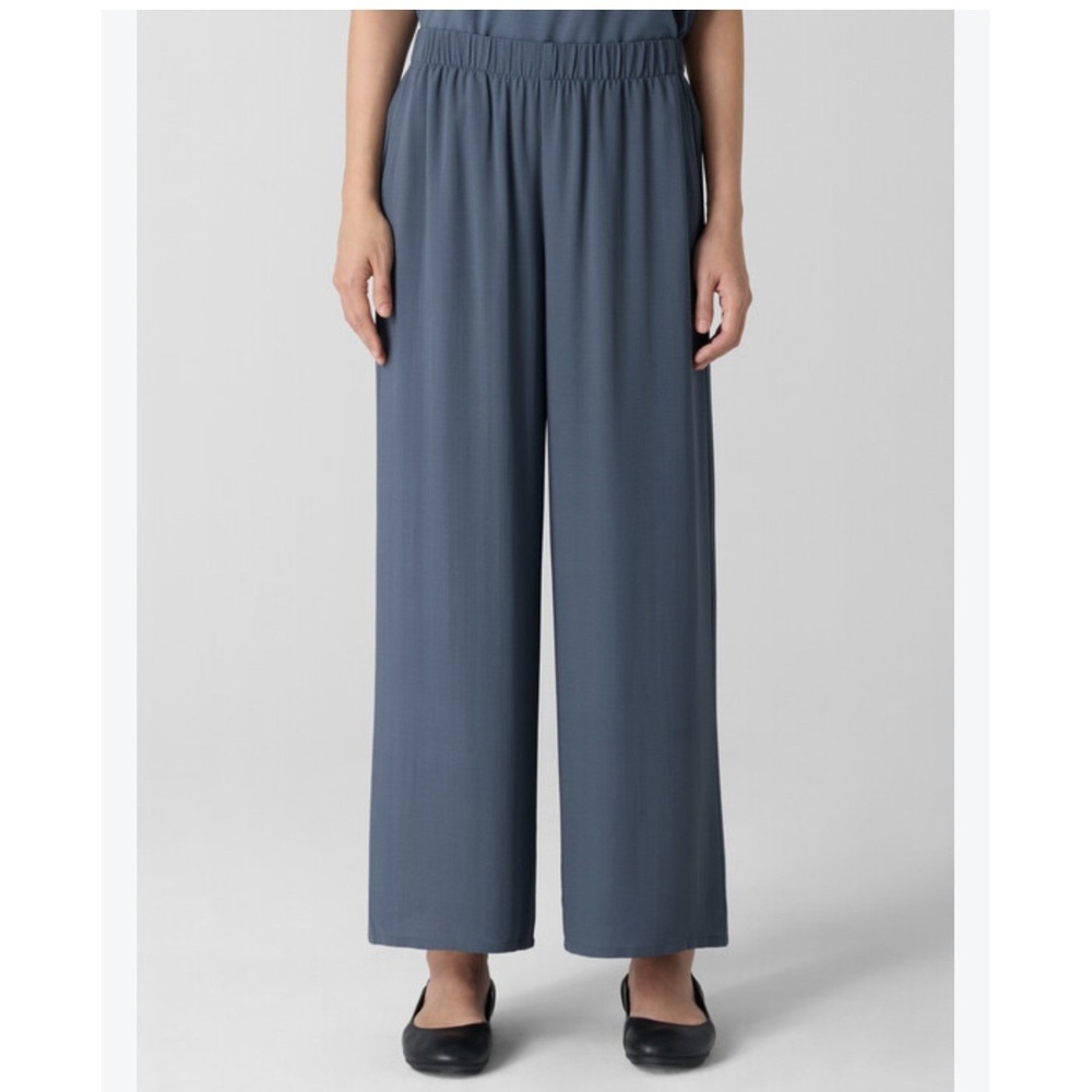 Eileen Fisher Silk Georgette Wide Leg Pants Slate Blue Waist Pockets Large